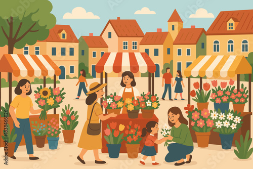 People visit a market filled with flowers and plants in a town square on a sunny day in spring