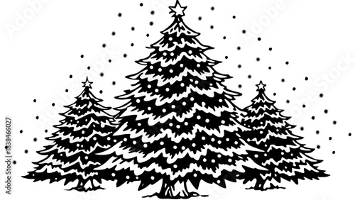 Very beautiful tall pine tree gently covered with snow, illuminated by soft warm lights and minimal elegant decorations, creating a calm winter holiday scene with a peaceful seasonal ambience.