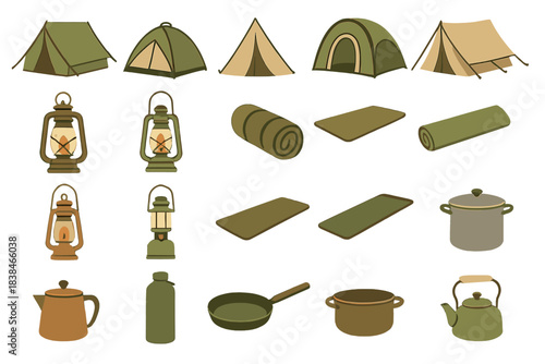 Camping gear collection includes tents, lanterns, sleeping bags, and cooking items for outdoor adventures