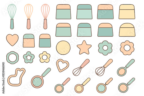 Different baking tools and shapes are shown in pastel colors for creative baking projects and crafts in a simple pattern