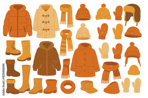 Collection of winter clothing items including coats, hats, scarves, and gloves displayed on a white background