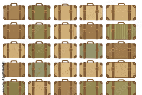 Collection of suitcases with various patterns displayed in rows and columns for design inspiration and travel themes