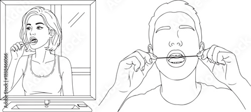 Monochrome Line Art Illustration of Individuals Practicing Oral Hygiene