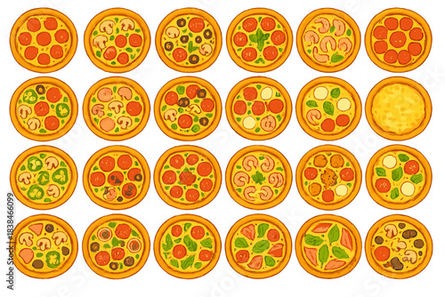 Different types of pizza displayed on a white background showing various toppings and styles of preparation for food lovers