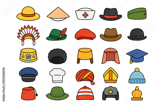 Different types of hats and headwear displayed in a grid showing various styles and cultural designs