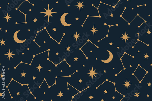 Star patterns and moon shapes create a design of constellations on a dark background during nighttime hours