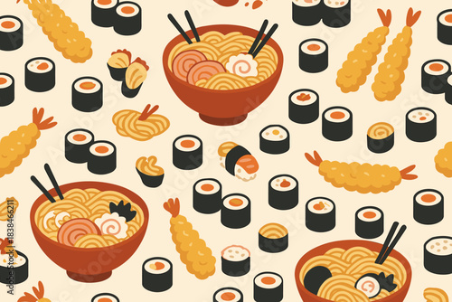 Colorful pattern featuring bowls of noodles, sushi rolls, and shrimp tempura on a light background