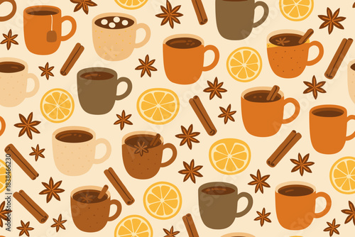 Colorful cups of hot drinks and spices arranged on a light background, creating a warm and inviting atmosphere for winter
