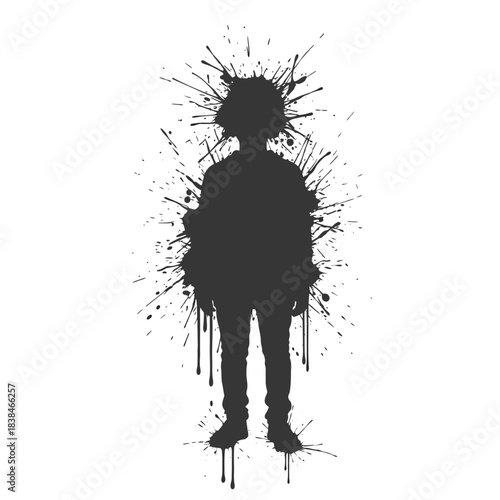 Silhouette of a person surrounded by explosive splatters of ink creating an abstract visual