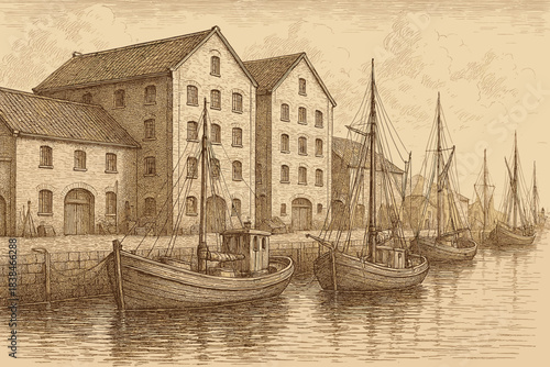 Boats docked near old warehouses along a river in a port area during the daytime