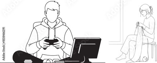 Black and White Vector Illustration of Indoor Hobbies and Leisure