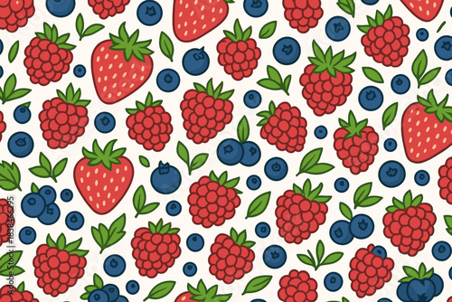Colorful design featuring strawberries, raspberries, and blueberries on a simple background
