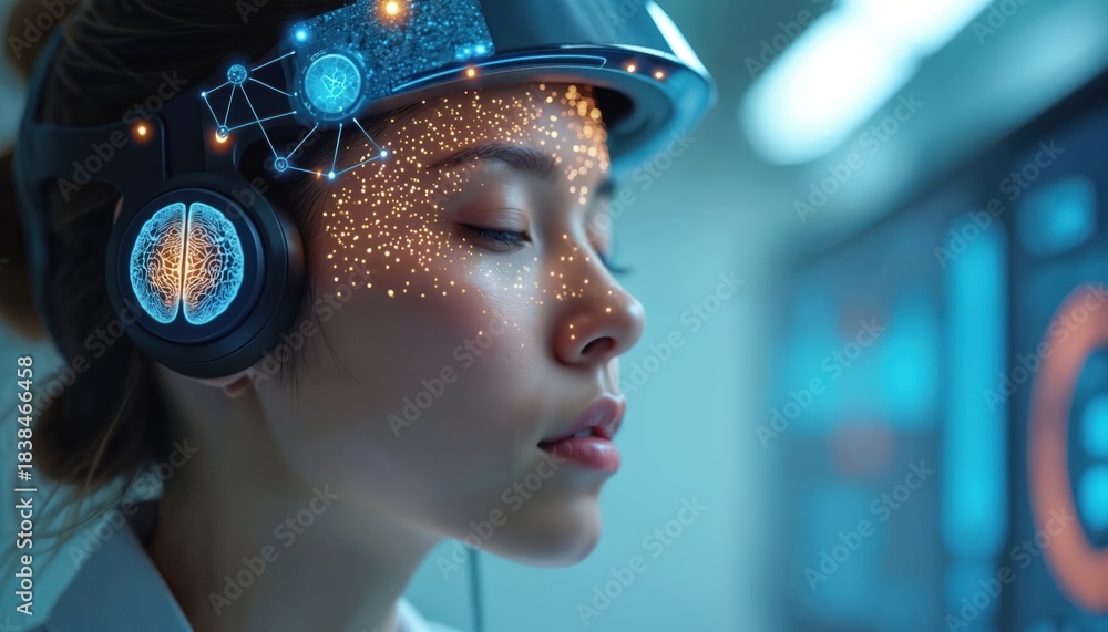 Naklejka premium Woman using futuristic headset interface to monitor brain activity. AI powered app tracks emotions, mental wellbeing. Tech helps analyze mood, cognitive state data. Modern tech for health, wellness.