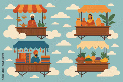 Market stalls with vendors selling goods in a colorful setting with clouds in the background