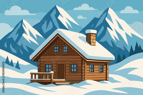 Cozy wooden cabin stands in winter landscape surrounded by tall mountains and blue sky with clouds during daytime