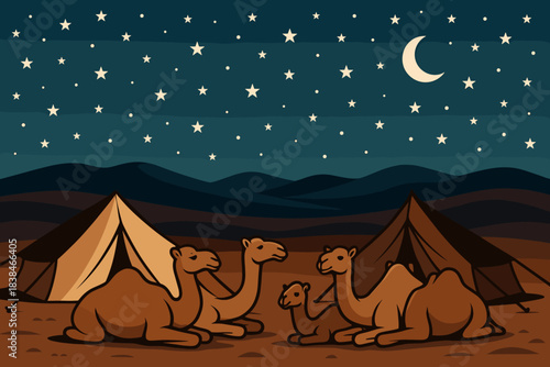 Camels relax near tents under a starry sky in a desert at night