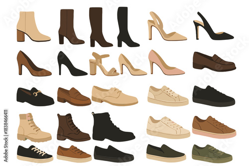 Collection of various types of shoes displayed on a white background in a simple layout