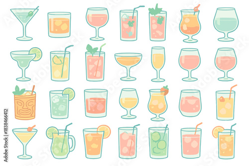 Various drink illustrations showcasing cocktails and refreshments in different glass types and colors