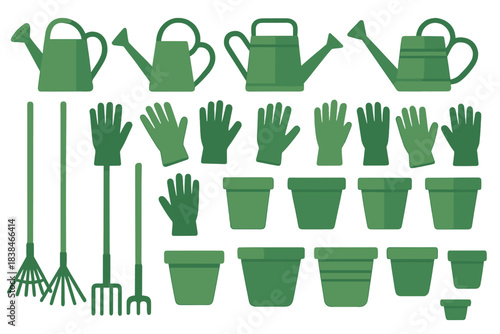 Gardening tools and supplies arranged in a neat pattern, showcasing equipment for planting and maintaining plants