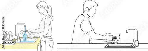 Minimalist Line Art Illustration of People Washing and Drying Dishes
