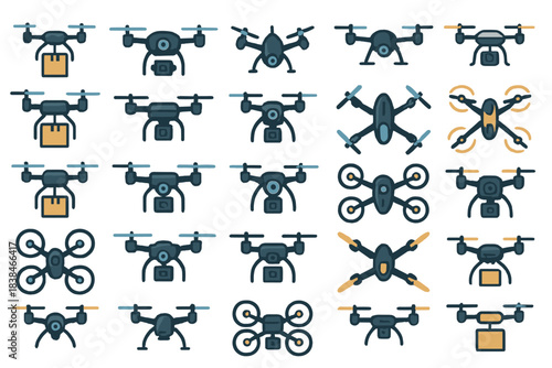 Various types of drones showing different designs and features in a grid layout for identification and comparison