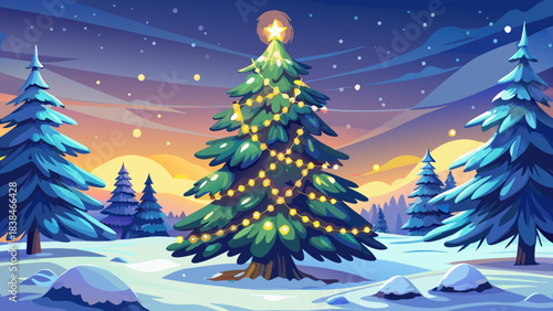 Very beautiful tall pine tree gently covered with snow, illuminated by soft warm lights and minimal elegant decorations, creating a calm winter holiday scene with a peaceful seasonal ambience.