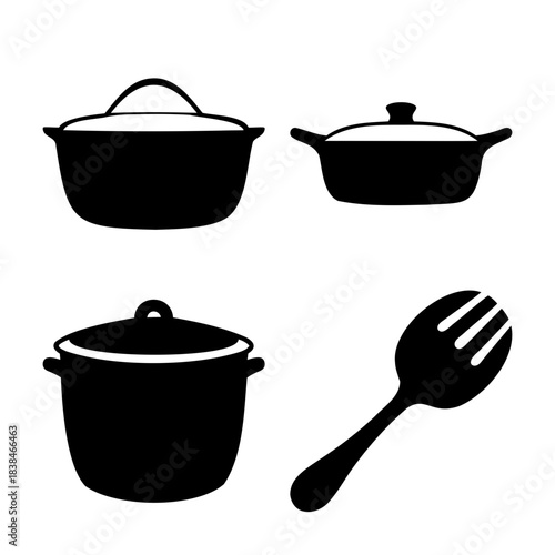 Kitchenware cooking pots and serving spoon silhouette vector