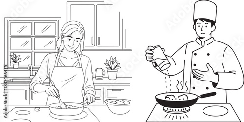 Minimalist Black Line Art of Woman and Chef Cooking Scenes