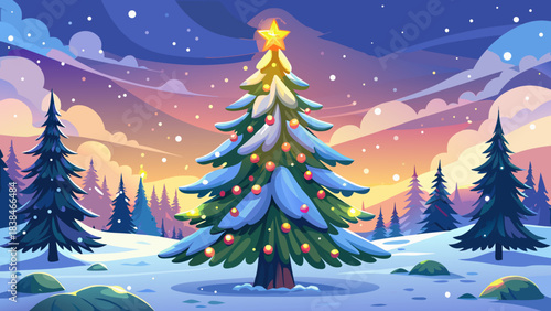 Very beautiful tall pine tree gently covered with snow, illuminated by soft warm lights and minimal elegant decorations, creating a calm winter holiday scene with a peaceful seasonal ambience.