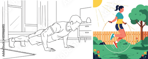 Dual Panel Design: Line Art Man Doing Pushups and Flat Illustration Woman Exercising