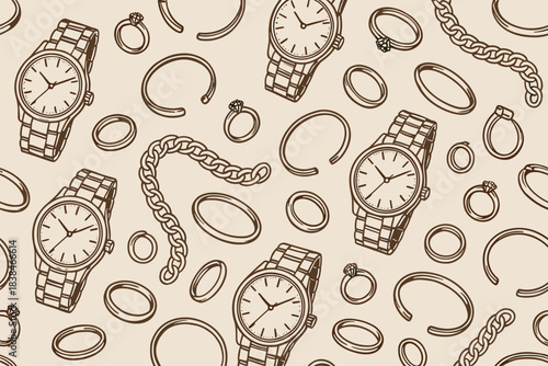 Different types of watches and jewelry are shown on a flat surface with a simple background