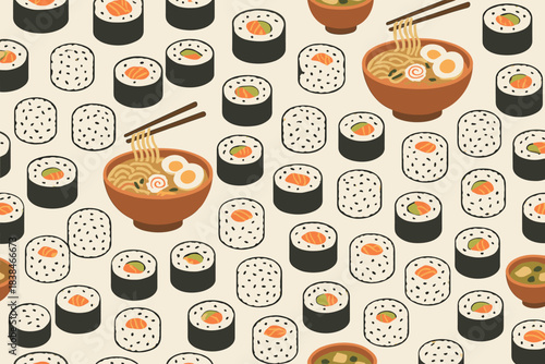 Pattern of noodles and sushi set on a light background with bowls and rolls arranged neatly in rows