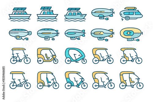 Various forms of transport including boats, airships, and cycles with different designs and purposes