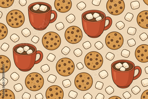 Warm drinks and cookies create a cozy pattern with cheerful colors and designs