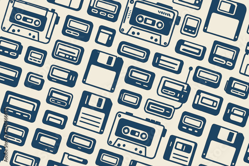 Patterns of retro technology with cassettes, floppy disks, and portable devices displayed in a random design on a light background