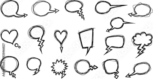 Hand-Drawn Sketch Speech Bubble Set – Doodle Comic Chat Balloons with Arrows, Lightning, Hearts and Text Frames Vector Collection