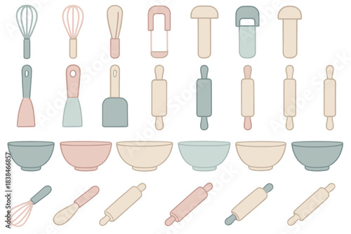 Various kitchen tools and utensils arranged in a simple layout for cooking and baking activities at home or in a culinary setting