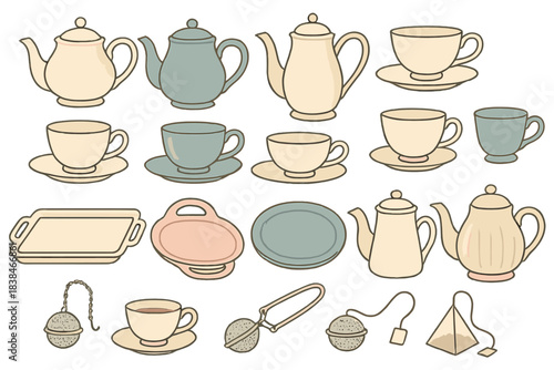 Various types of teapots and cups arranged on a flat surface with matching trays and tea accessories