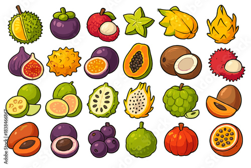 Collection of tropical fruits arranged in a colorful pattern showing various shapes and sizes at a market setting in daylight