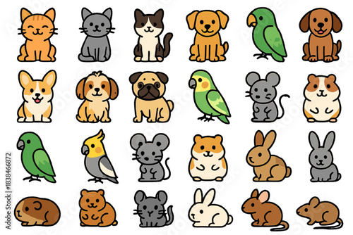 Cute cartoon animals in various poses and expressions in a colorful pattern on a white background