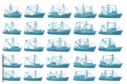 Collection of different fishing boats displayed in a grid pattern on a white background