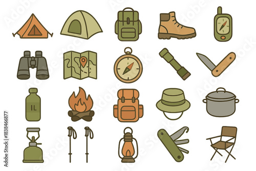 Camping gear and tools layout showing various items for outdoor adventure and exploration in a simple design