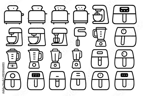 Different types of kitchen appliances arranged in a grid showing toasters, mixers, air fryers, and blenders
