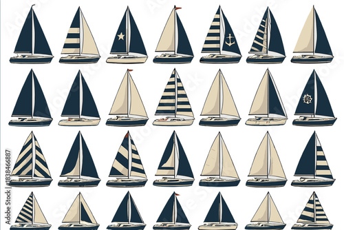 Sailboats arranged in a grid pattern on a flat surface during daylight hours