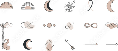 Minimal Boho Line Icon Vector Set – Modern Abstract Symbols, Pastel Moon & Rainbow Elements, Aesthetic Icons for Branding and Social Media Design
