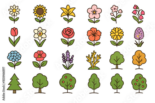 Colorful flowers and trees arranged in a neat pattern for art or design use