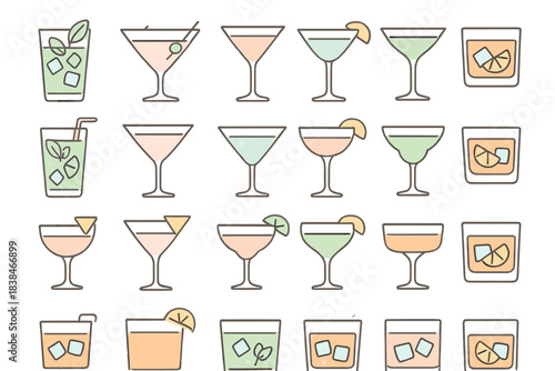 Different types of drinks displayed in a simple design with various glasses, colors, and garnishes in a grid layout for enjoyment and inspiration