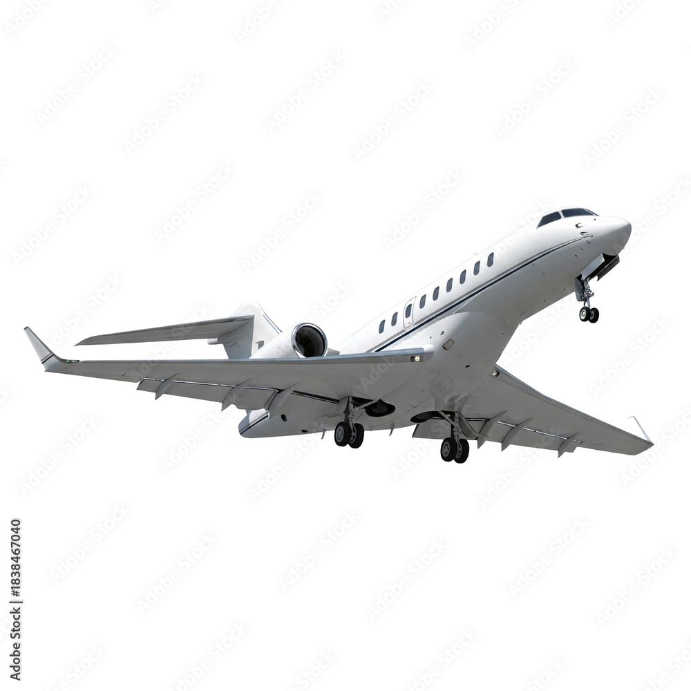 Obraz premium White private jet in mid-flight with dual rear-mounted engines and landing gear extended