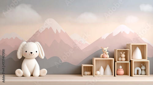 Cute plush bunny and wooden toys arranged in a minimalist nursery interior with pastel mountain wall mura