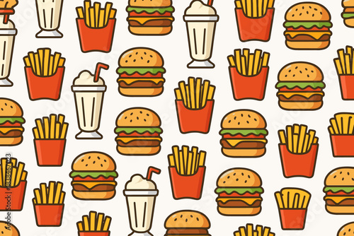 Pattern of burgers, fries, and milkshakes in a fun design for a casual dining setting and fast food restaurants